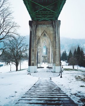 View Of Snow Covered Bridge In Winter