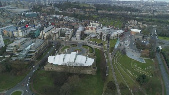 Aerial view over Scottish Parliament Building and Holyrood House in Edinburgh