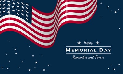 Memorial Day Background. Remember and Honor. Banner Design. USA flag waving with stars on blue background.