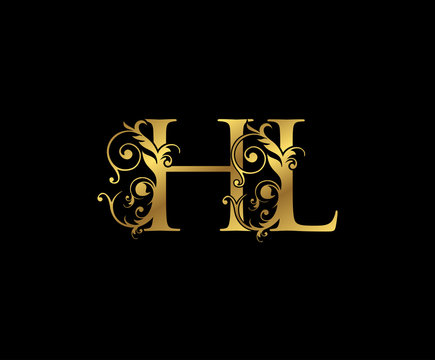 Luxury Gold H, L and HL Letter Floral logo. Vintage Swirl drawn emblem for weeding card, brand name, letter stamp, Restaurant, Boutique, Hotel.