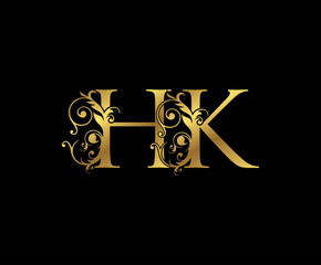 Luxury Gold H, K and HK Letter Floral logo. Vintage Swirl drawn emblem for weeding card, brand name, letter stamp, Restaurant, Boutique, Hotel.