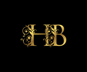 Luxury Gold H, B and HB Letter Floral logo. Vintage Swirl drawn emblem for weeding card, brand name, letter stamp, Restaurant, Boutique, Hotel.