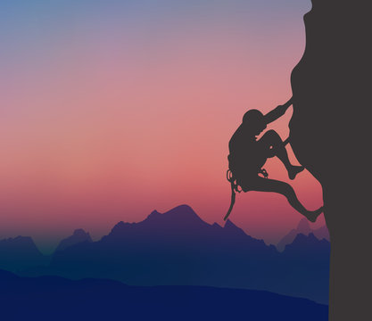 A Rock Climber, Mountaineering, Mountaintop, Sunset 