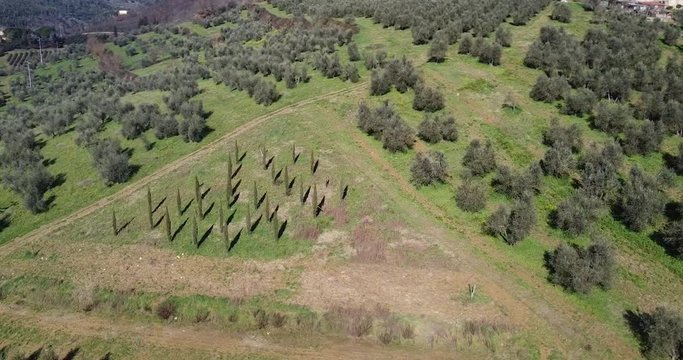 Orbiting shot of Agricultural fields form geometrical shapes. Aerial forward. Tuscany hills around Sieci Pontassieve, Chianti area of Frescobaldi, Italy