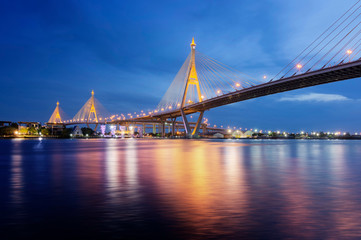 Fototapeta na wymiar Bridge crosses the Chao Phraya River, Bhumibol Bridge or Industrial Ring Bridge Bangkok, Thailand in twilight time. Bhumibol Bridge 1,2 translate from text in image.
