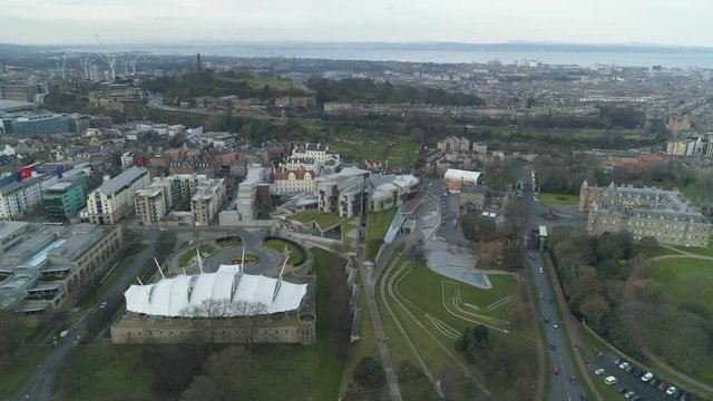 Edinburgh Scottish Parliament buildings with Calton Hill in the background