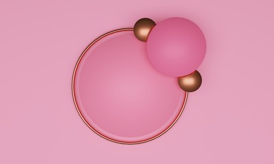 Pink, blank, abstract background with circles and 3d rendering of gold ring making a frame or border with copy space for text and images. Great for backdrops, banners, advertisements and promotions.
