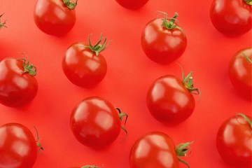 Tomato pattern. Tomato background.  ripe tomatoes on a bright red background. Tomatoes season vegetables. Farm organic bio vegetables