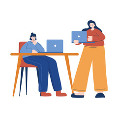 Women with laptop on desk vector design