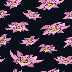 Floral seamless pattern of light pink hand drawn flowers on a dark blue background. Designed for printing on fabric.