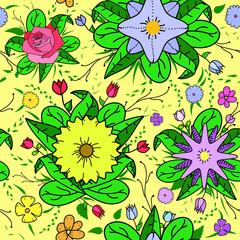 Joyful colorful floral seamless pattern. Blue, pink, purple, yellow and red flowers. Doodle style with a lot of leaves.