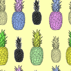Tropical seamless pattern of yellow, green, blue, pink, black and white pineapples on a pale sand color background. Designed for printing on fabric.