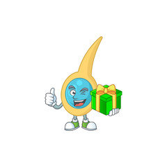 Happy smiley clostridium tetani cartoon mascot design with a gift box
