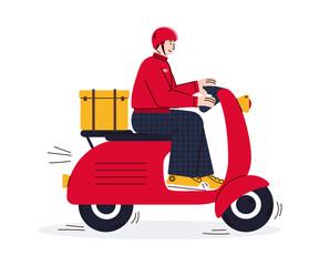 Cartoon courier riding red delivery scooter - vector illustration