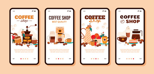 Fototapeta na wymiar Mobile app page set for coffee shop and cafeteria cartoon vector illustration.