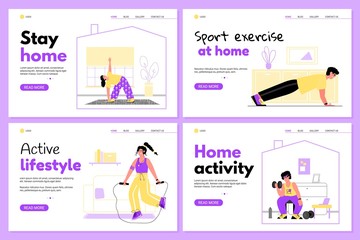 Stay home and sport activity indoors banners set cartoon vector illustration.