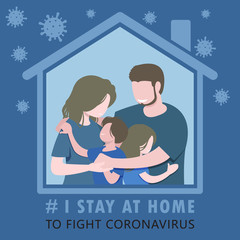 COVID-19 American Family I Stay at Home to Fight Coronavirus, Stay Safe, Prevent Infection, Family at Home, Father, Mother, Son, Daughter. Hug, Heart Warming and Cozy Feeling Blue Tone Vector Graphic