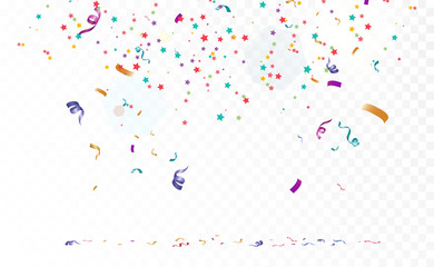 Lots of colorful tiny confetti and ribbons on transparent background. Festive event and party. Multicolor background.Colorful bright confetti isolated on transparent background