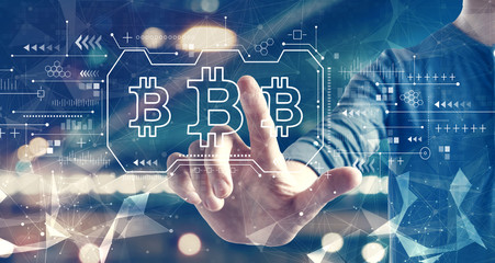 Bitcoin theme with a man on blurred city background