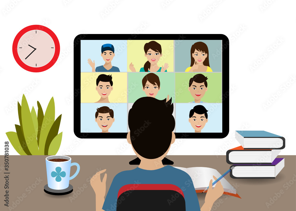 Poster kids at home online remote studying with classmate via video/web conferance on computer during city 