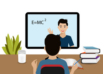 Student at home online remote studying with teacher via video/web conferance on computer during quarantine to prevent COVID-19 corona virus. Idea for new normal in school during COVID-19 pandemic.