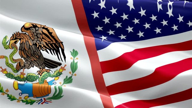 USA and Mexican Flag Wave Loop waving in wind. Realistic United States vs Mexico Flag background. USA Mexico Flag Looping Closeup. Video of american sign waving. American and Mexican flag Slow Motion 