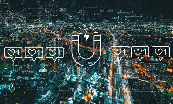 Get more likes concept with aerial cityscape view of Japan at night - Powered by Adobe