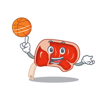 Sporty cartoon mascot design of prime rib with basketball
