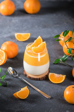 Panna cotta dessert with fresh oranges on dark background