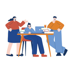 Fototapeta na wymiar Women and man with laptop and books on desk vector design