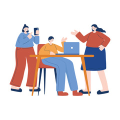 Women and man with laptop on desk vector design