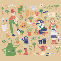 Vector illustration of garden elements: plants, watering can, grass, flowers, garden gloves and etc