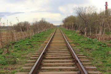 Fototapeta premium The railway stretching into the distance against the background of young green grass and trees in spring.