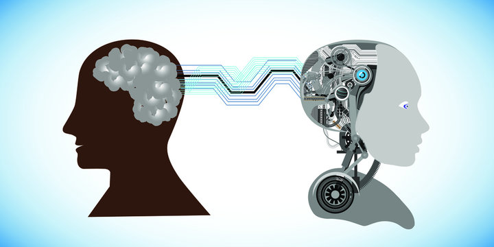 Concept of Artificial intelligence and machine learning, illustration of teaching human brain intelligence to machines through machine learning practices  