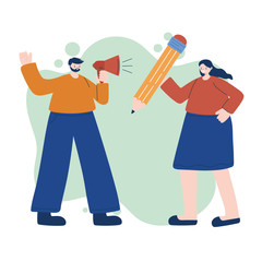 Man and woman with megaphone and pencil vector design