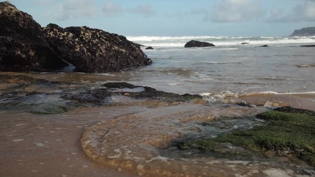 Ocean waves flooding the sandy beach. Rocks covered with algae. Cresmina beach (Praia da Cresmina), Portugal. 