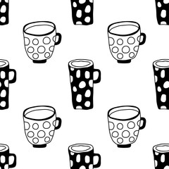 Tea and coffee mugs. Seamless pattern. Black and white illustration for coloring book
