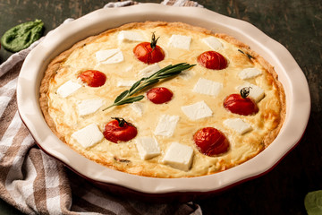 Close up pie with spinach and feta cheese,Greek Pie Spanakopita with Spinach and Cheese. Food recipe background. top view
