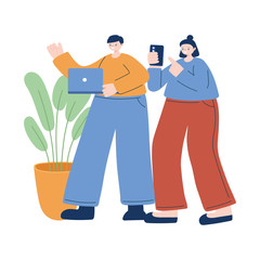 Woman and man with smartphone and laptop vector design