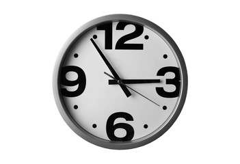 Clock, isolated on white background. One of the symbols of time, countdown, business doing, morning wake, office working time and tick tack sound. Close up top view photo.