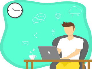 Work from home, Home office, study from home concept. Man siting on chair and working on laptop with social network icon.