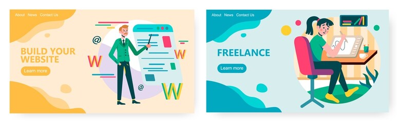 Online tutorial how to build website interface. Freelance designer draw on graphic tablet. Concept illustration. Vector web site design template. Landing page website illustration