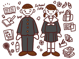 学生 男女 黒色 服 線画 モノクロ
