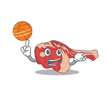 Sporty cartoon mascot design of leg of lamb with basketball