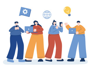 Men and women with digital icon set vector design