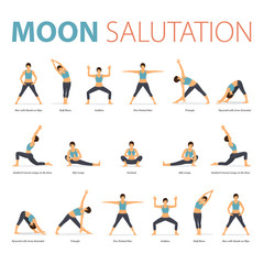 Yoga poses for Yoga at home in concept of Yoga Moon Salutation in flat design. Woman exercising for body stretching. Set of yoga posture or asana infographic. Vector Flat Cartoon Illustration.