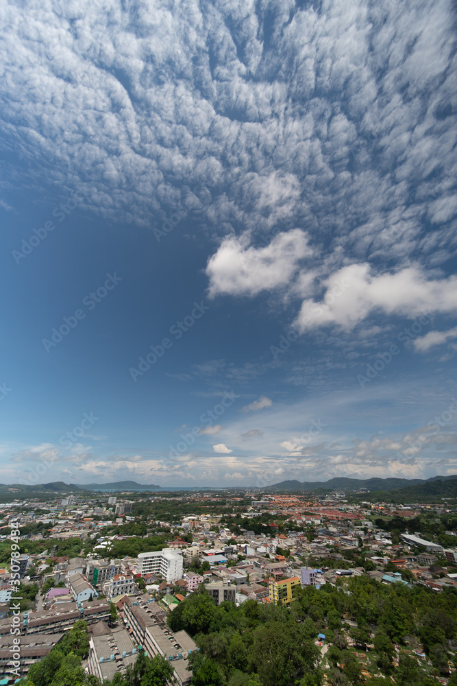 Wall mural panoramic scene at khao rung phuket viewpoint hilltop, home , building and green tree. sea and mount