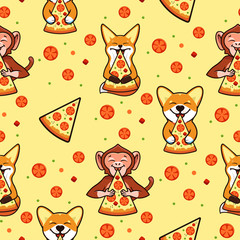 Naklejka premium Pizza seamless pattern, texture, print, surface with animals