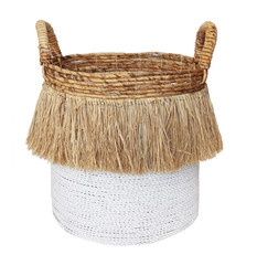 woven laundry basket isolated on white background . Details of modern boho bohemian scandinavian...