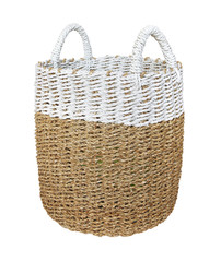 woven laundry basket isolated on white background . Details of modern boho bohemian scandinavian...